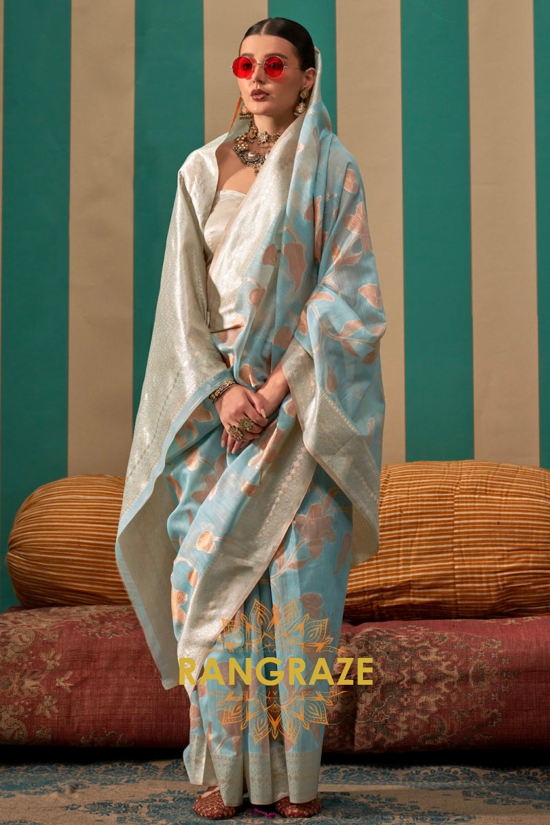 Sky Blue Floral Woven Linen Silk Saree