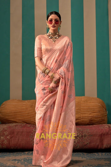 Blush Pink Floral Woven Linen Silk Saree