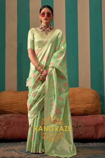 Mint Green Floral Woven Linen Silk Saree