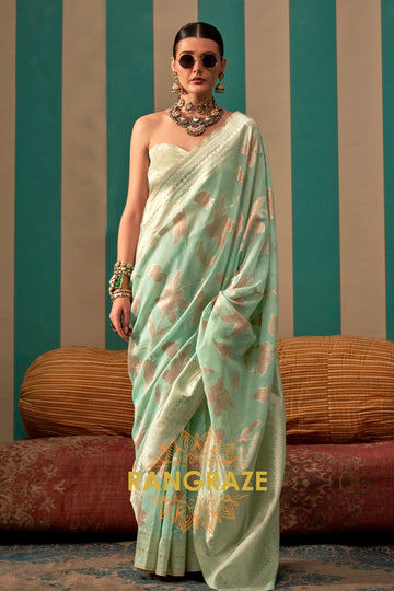 Seafoam Green Floral Woven Linen Silk Saree