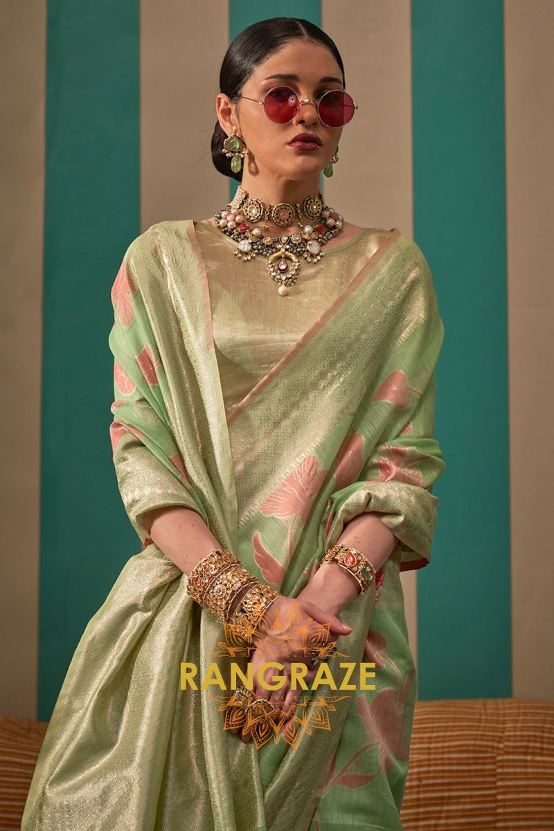 Mint Green Floral Woven Linen Silk Saree