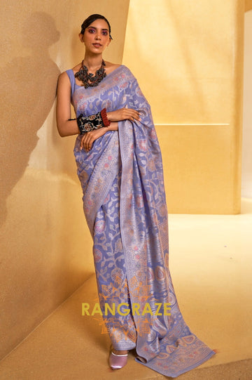 Lavender Lilac Woven Lucknowi Banarasi Silk Saree