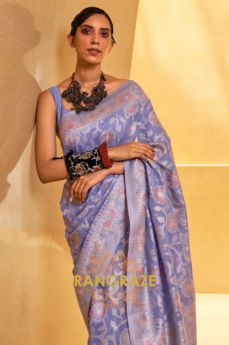 Lavender Lilac Woven Lucknowi Banarasi Silk Saree