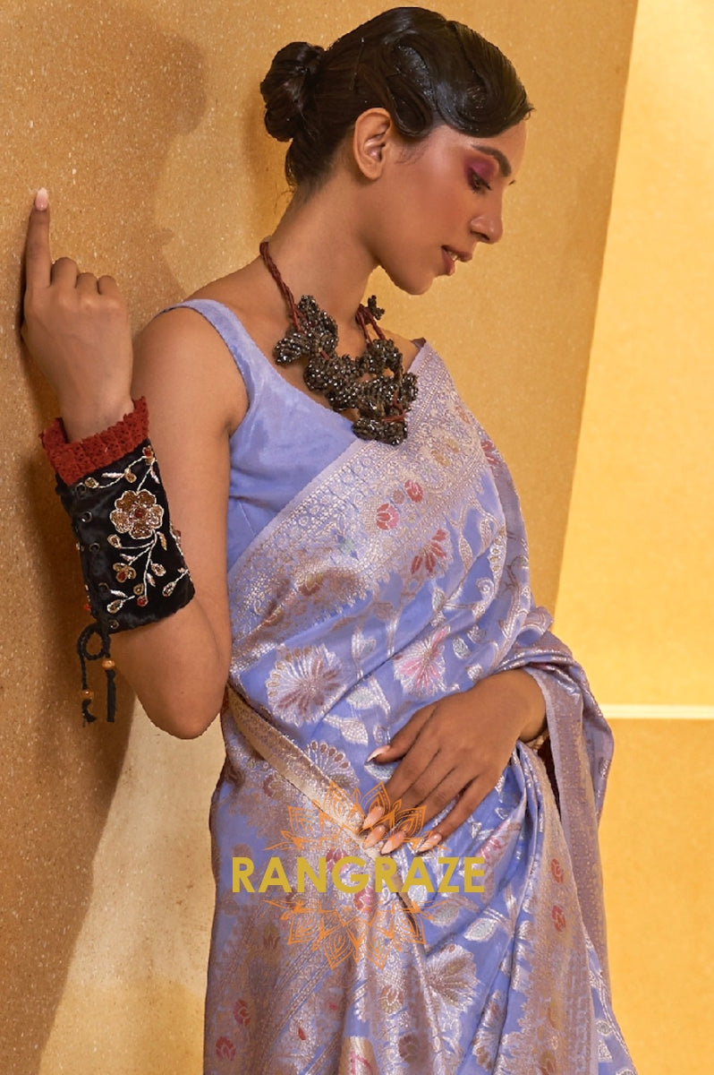 Lavender Lilac Woven Lucknowi Banarasi Silk Saree
