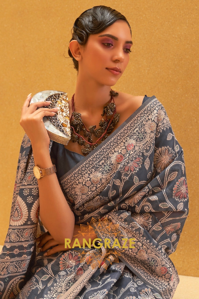 Ebony Black Woven Lucknowi Banarasi Silk Saree