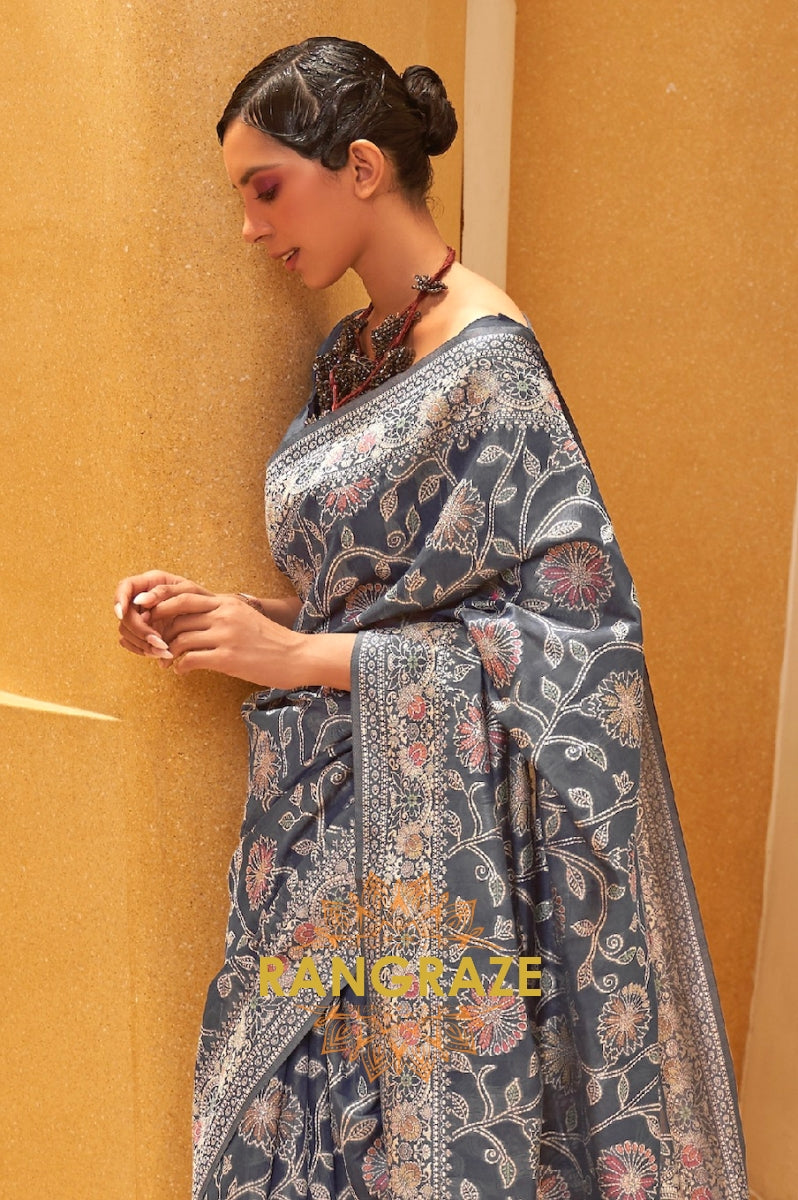 Ebony Black Woven Lucknowi Banarasi Silk Saree