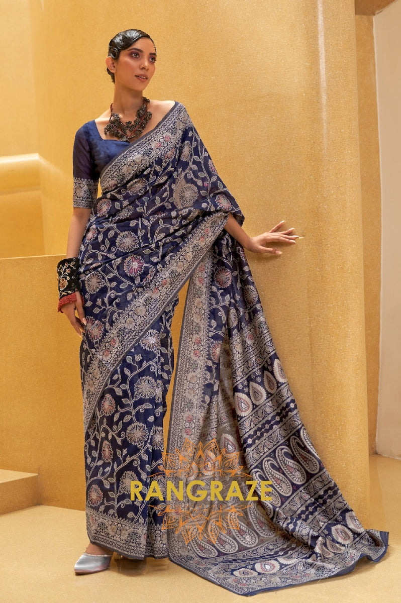 Navy Blue Woven Lucknowi Banarasi Silk Saree