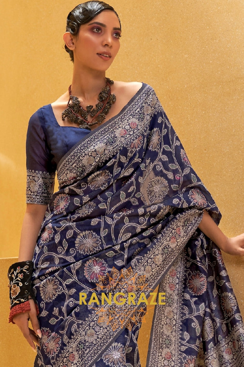 Navy Blue Woven Lucknowi Banarasi Silk Saree