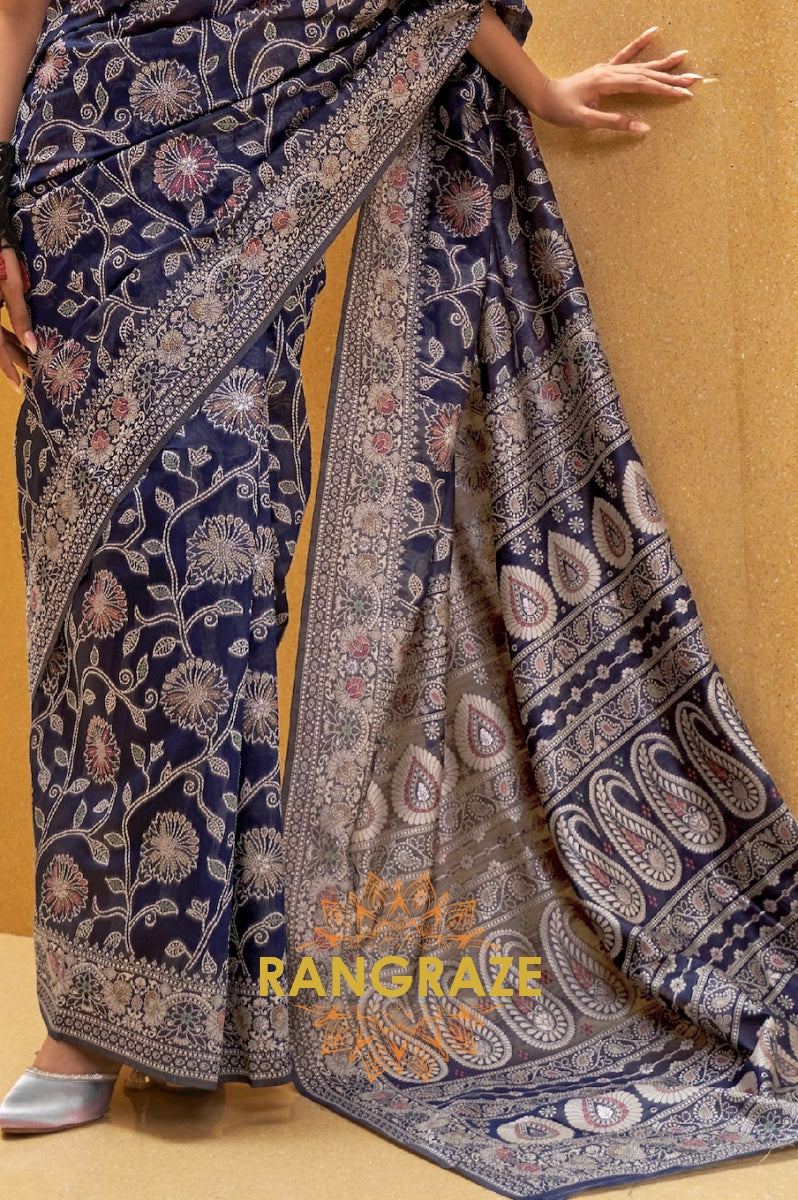 Navy Blue Woven Lucknowi Banarasi Silk Saree