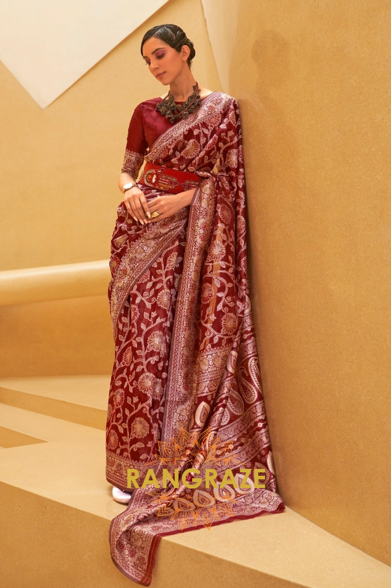 Bridal Red Woven Lucknowi Banarasi Silk Saree