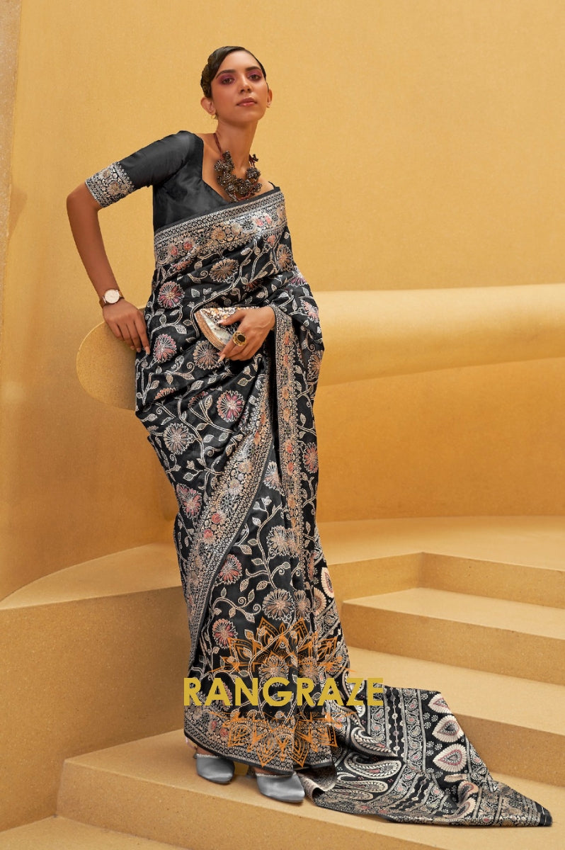 Jet Black Woven Lucknowi Banarasi Silk Saree