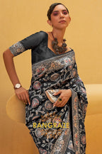 Jet Black Woven Lucknowi Banarasi Silk Saree