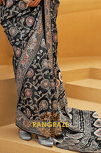 Jet Black Woven Lucknowi Banarasi Silk Saree