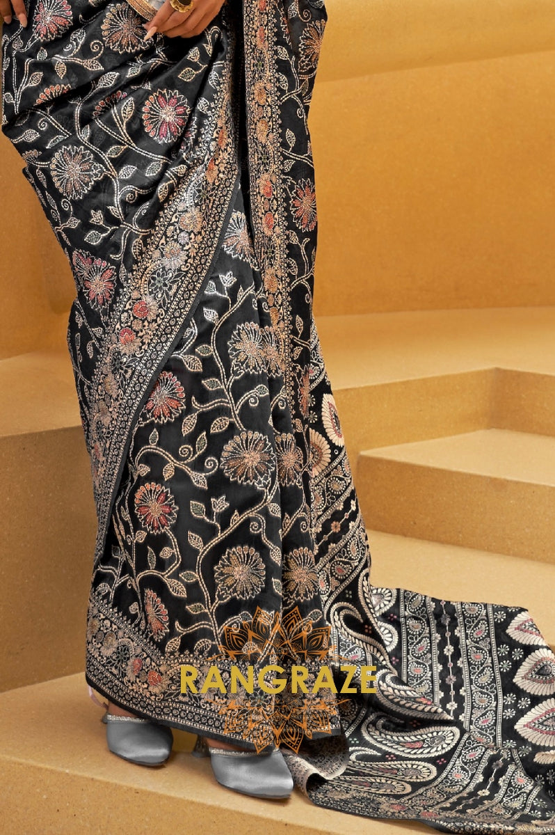 Jet Black Woven Lucknowi Banarasi Silk Saree