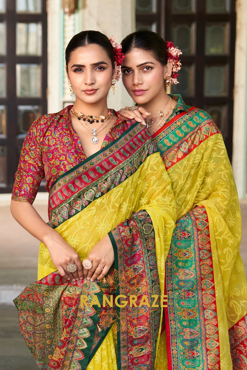 Sunlit Meadow Georgette Lucknowi Saree with Pashmina Print