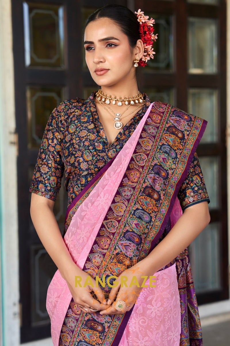 Blush Rose & Midnight Georgette Lucknowi Saree with Pashmina Print