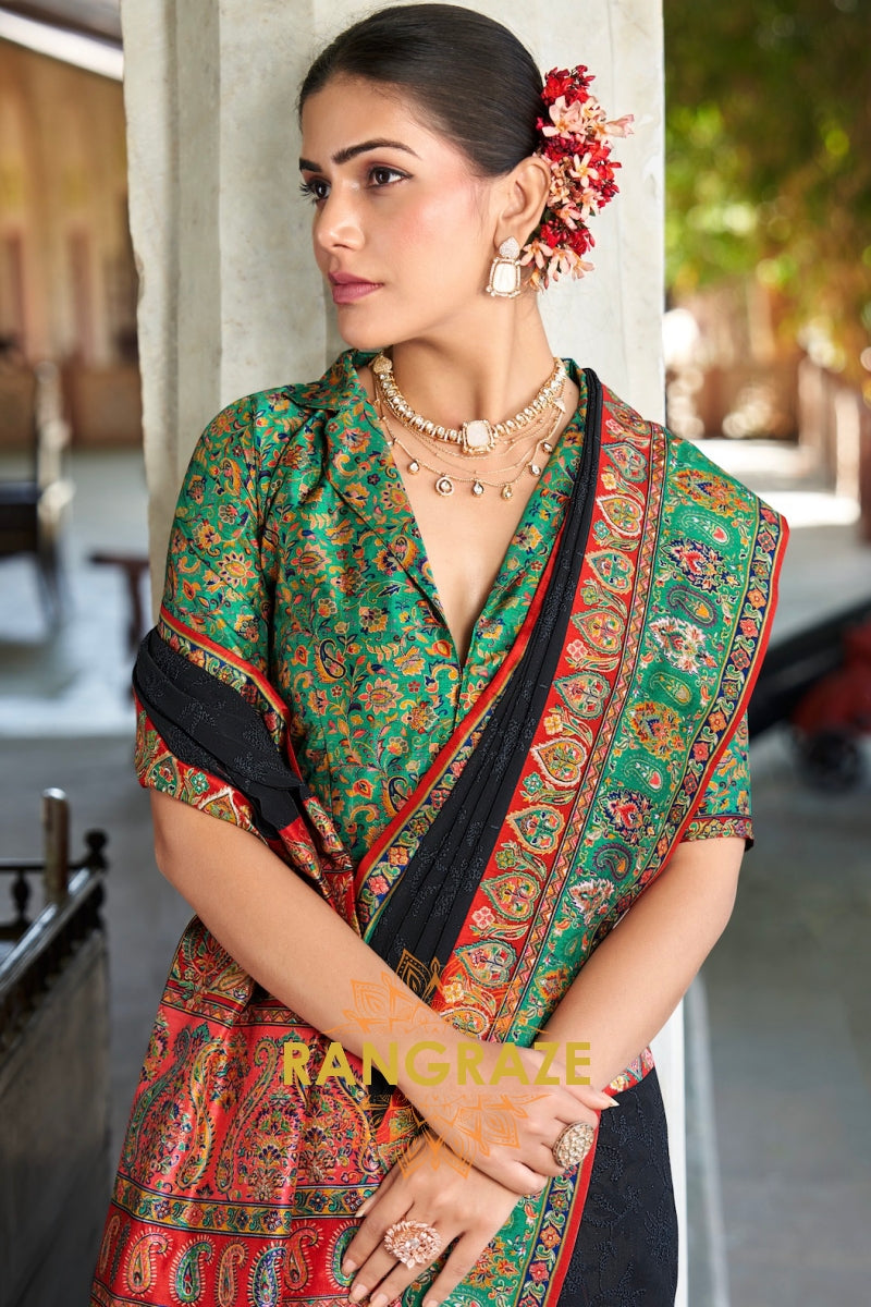 Midnight Noir & Emerald Georgette Lucknowi Saree with Pashmina Print