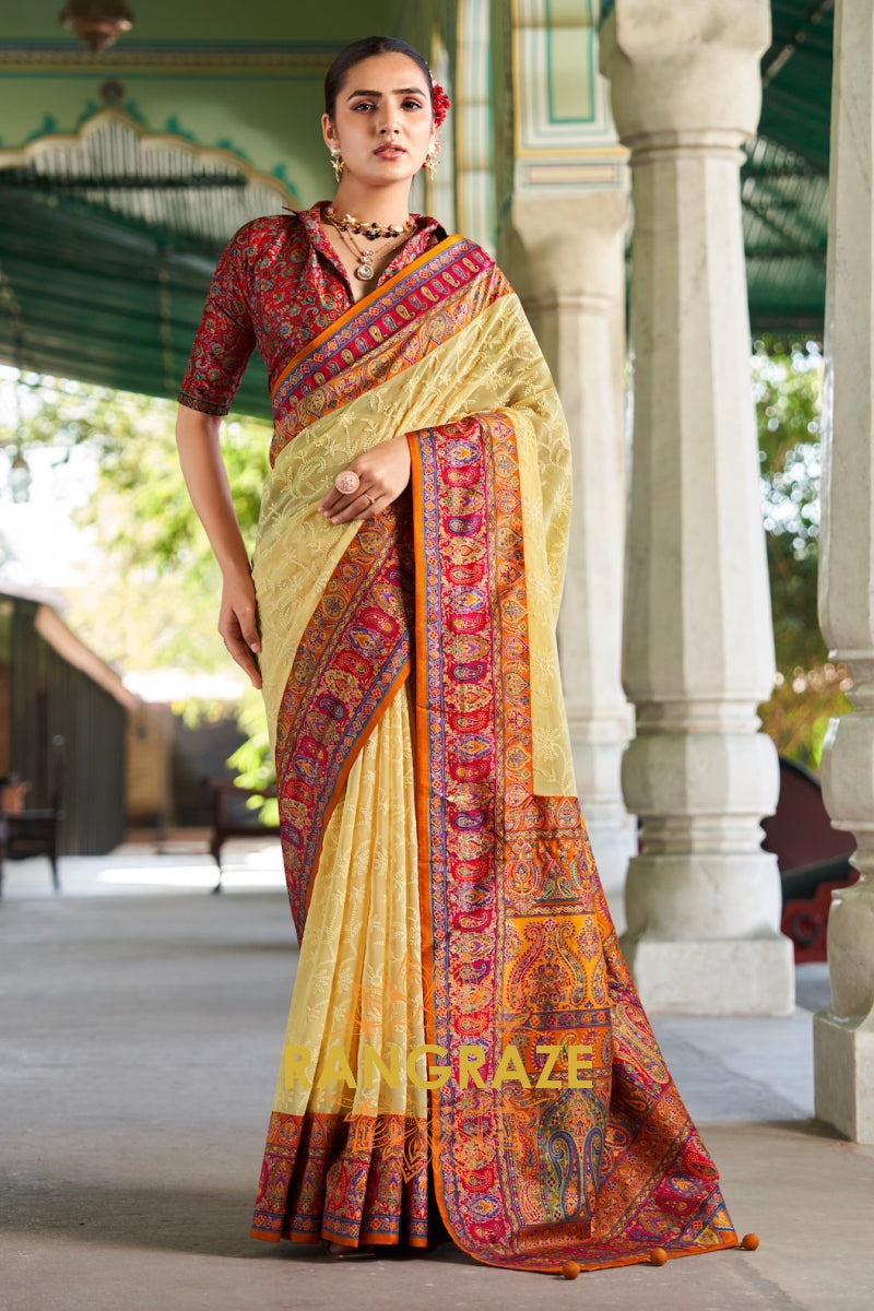 Golden Sunlight & Crimson Georgette Lucknowi Saree