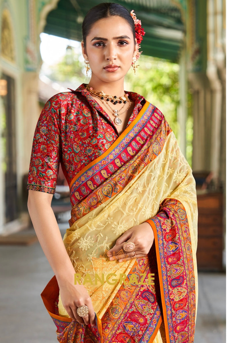 Golden Sunlight & Crimson Georgette Lucknowi Saree