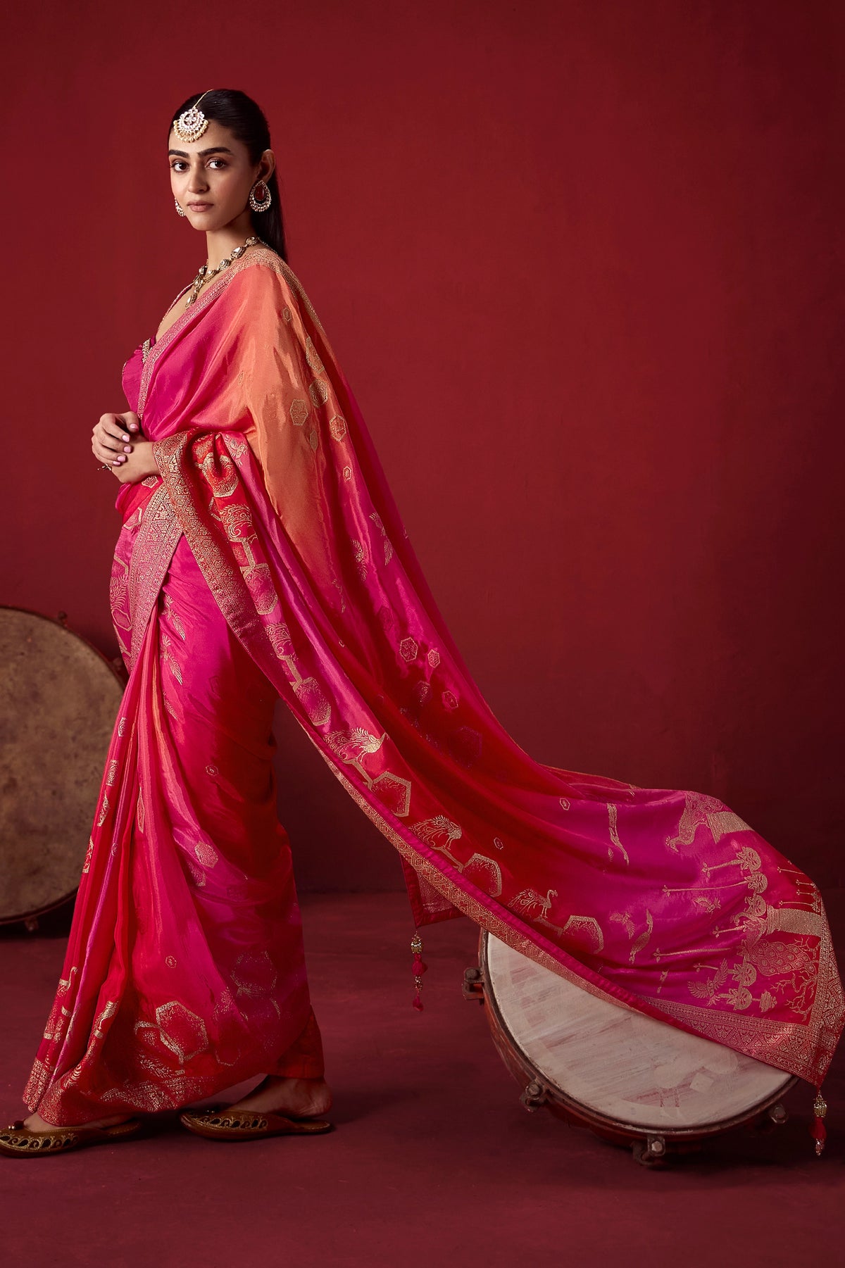 Magenta Ombre Woven Dola Crape Soft Silk