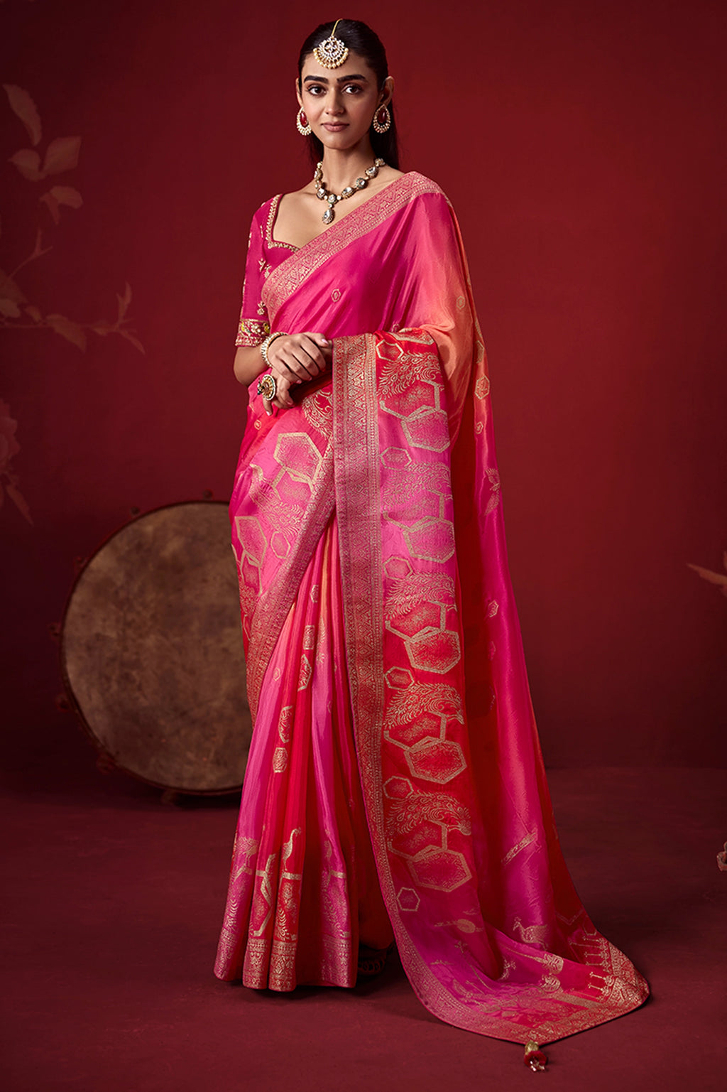 Magenta Ombre Woven Dola Crape Soft Silk