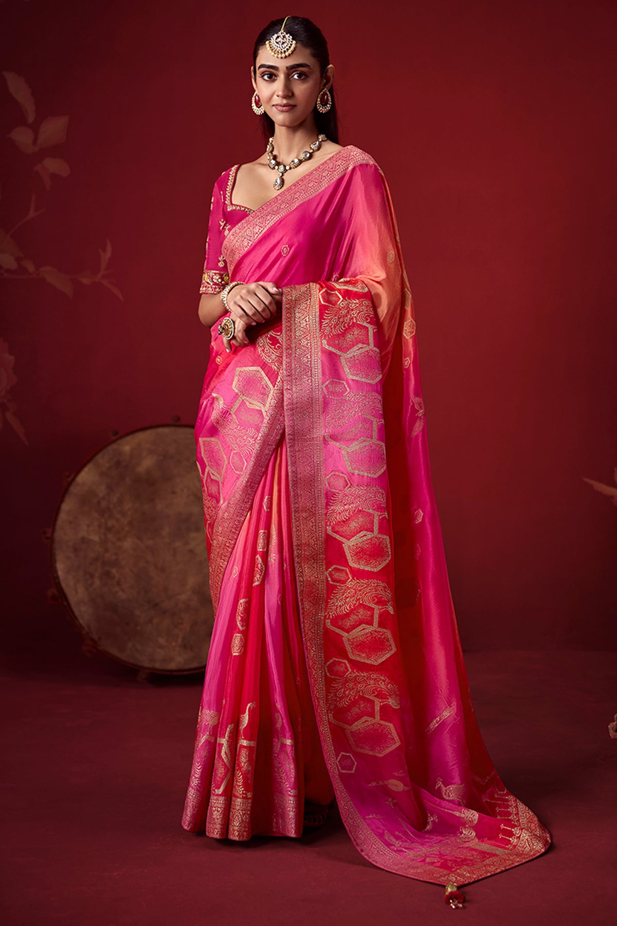 Magenta Ombre Woven Dola Crape Soft Silk