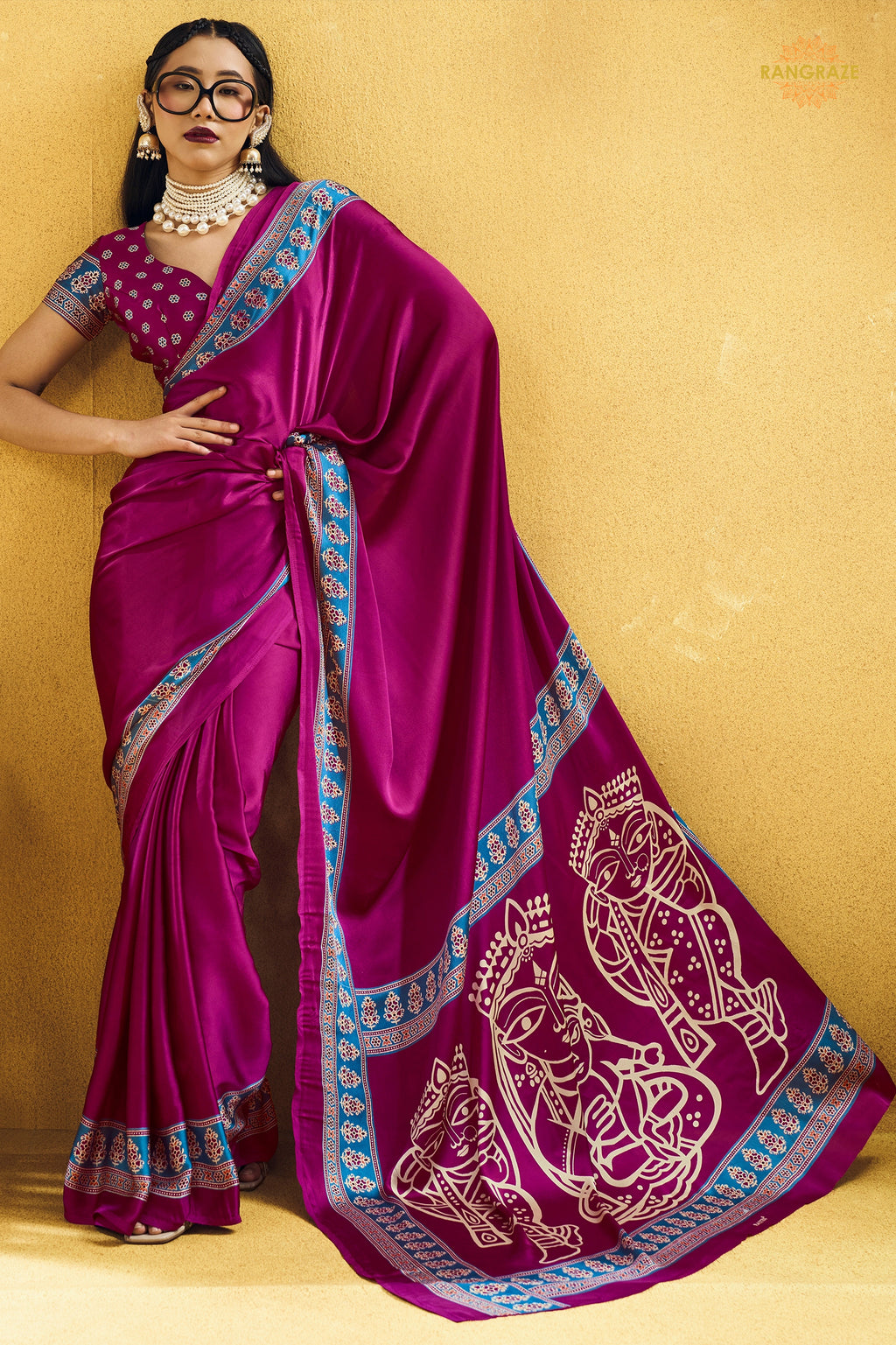 Magenta Pink Ajrakh Print Modal Satin Saree