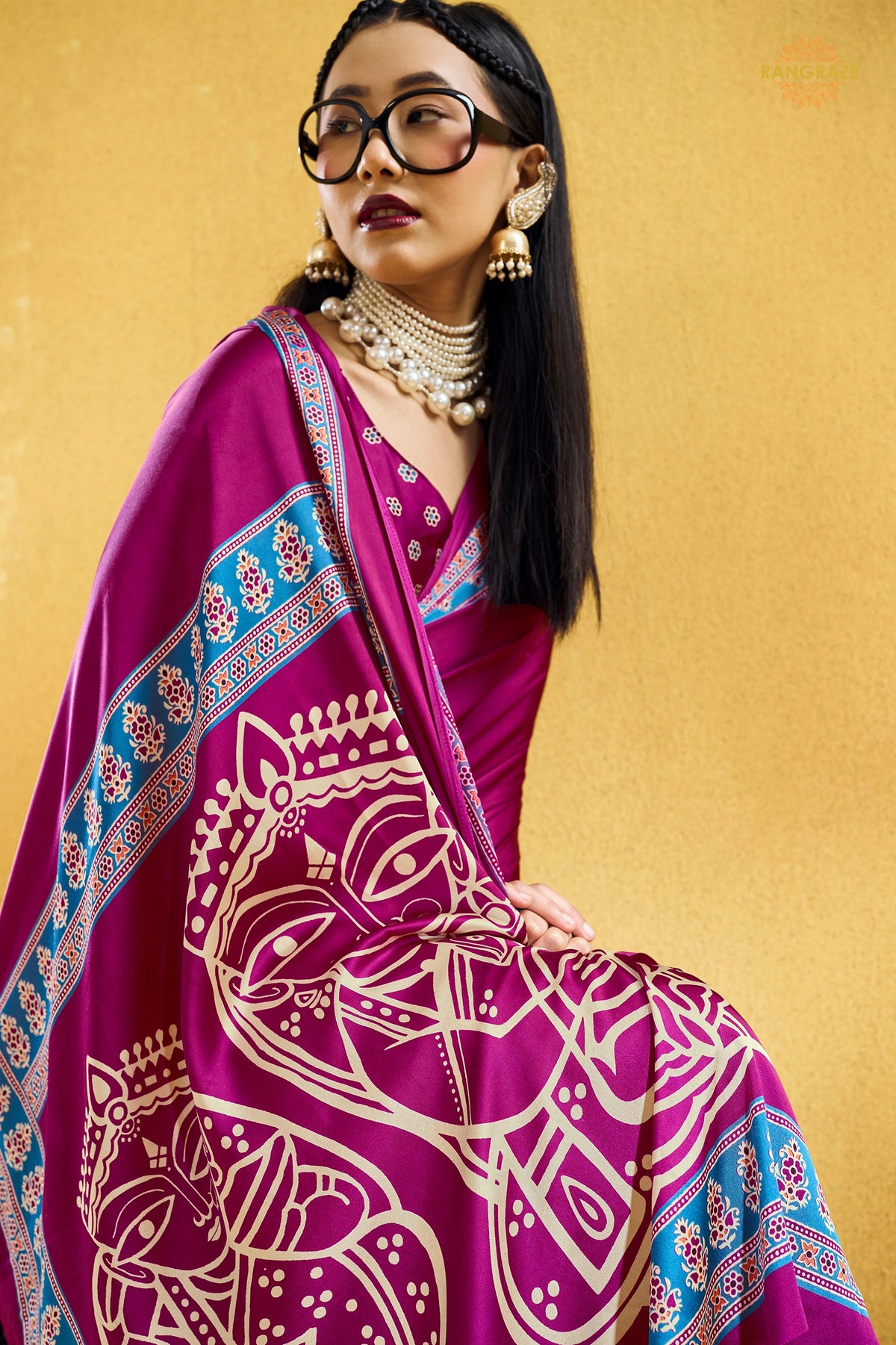 Magenta Pink Ajrakh Print Modal Satin Saree