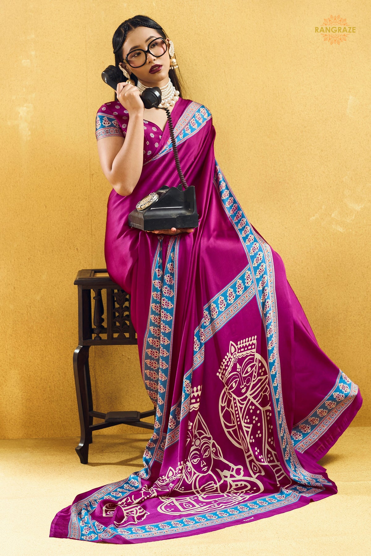 Magenta Pink Ajrakh Print Modal Satin Saree