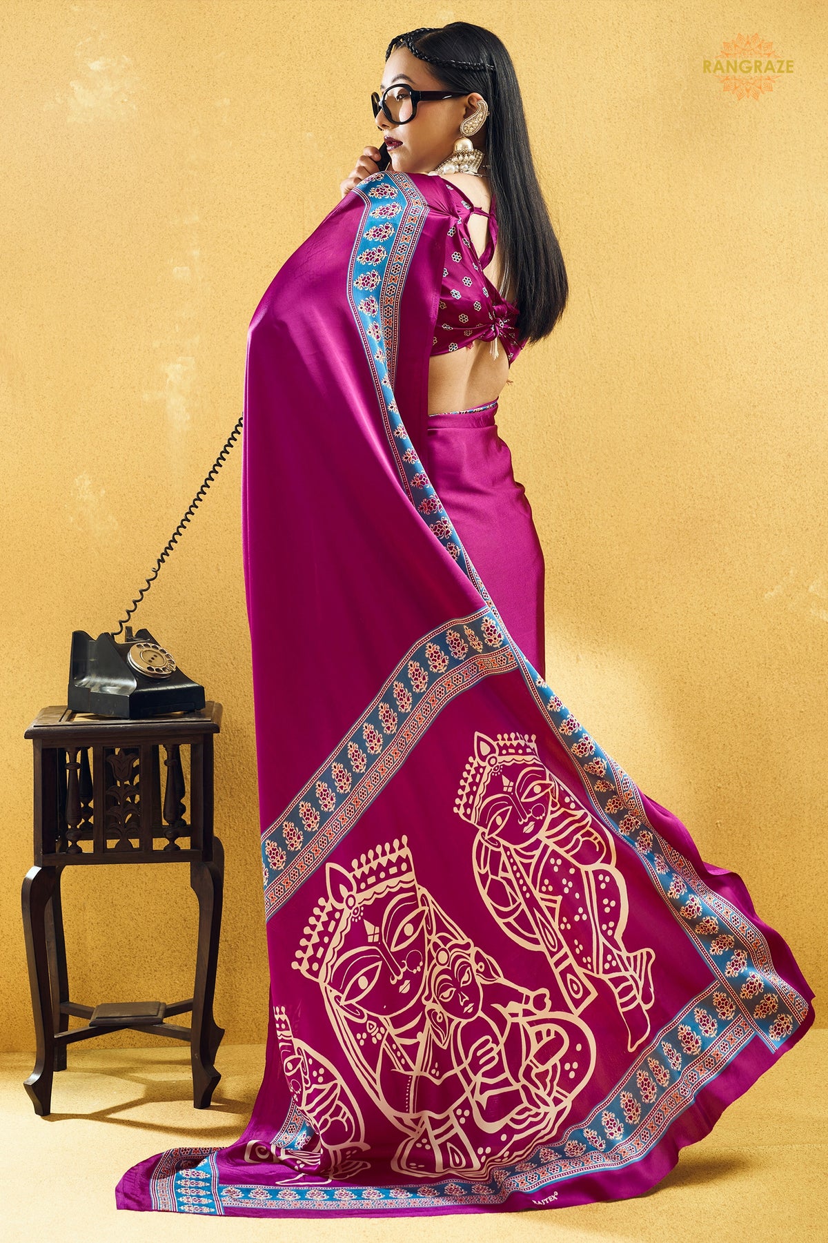 Magenta Pink Ajrakh Print Modal Satin Saree