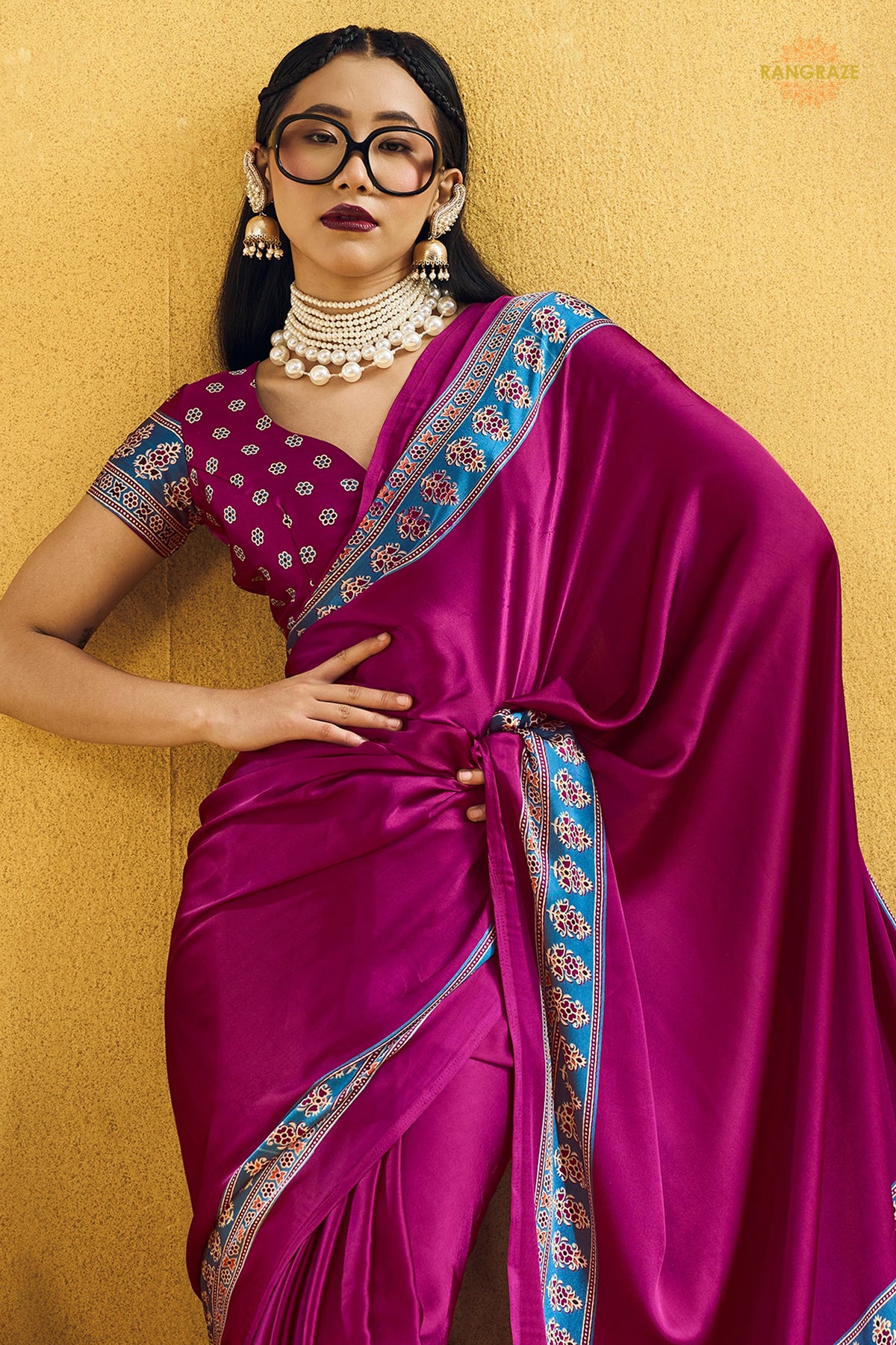 Magenta Pink Ajrakh Print Modal Satin Saree