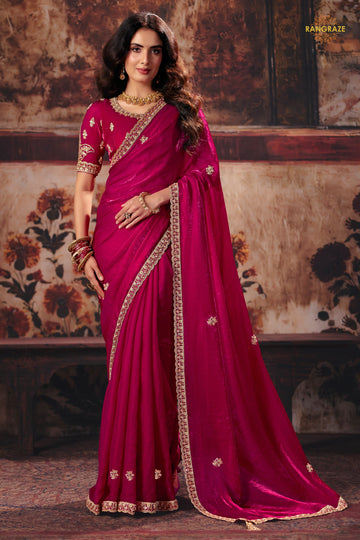Magenta Pink Designer Satin Silk Saree With Embroidered Blouse