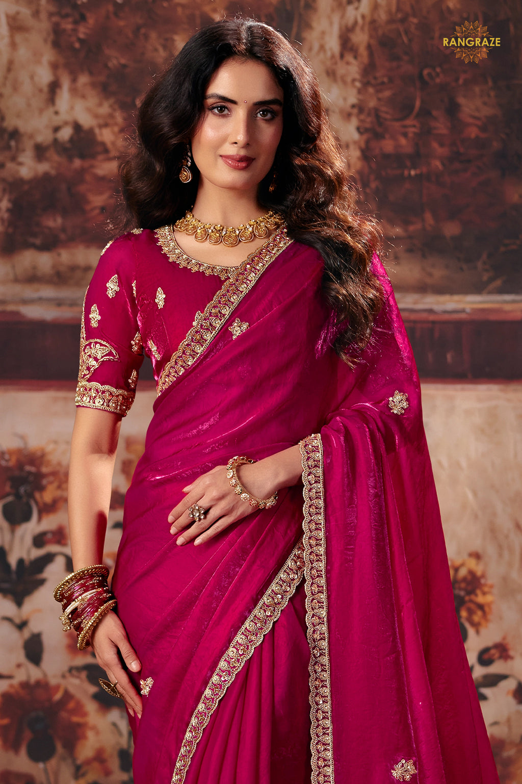 Magenta Pink Designer Satin Silk Saree With Embroidered Blouse