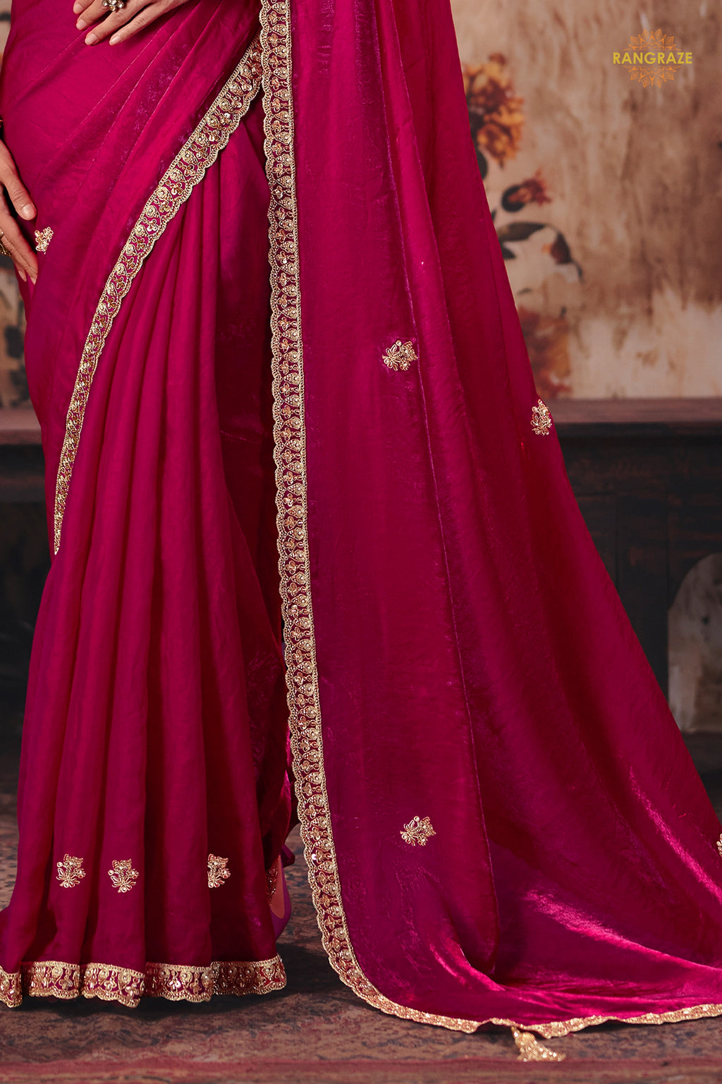 Magenta Pink Designer Satin Silk Saree With Embroidered Blouse