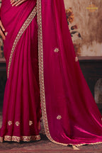 Magenta Pink Designer Satin Silk Saree With Embroidered Blouse
