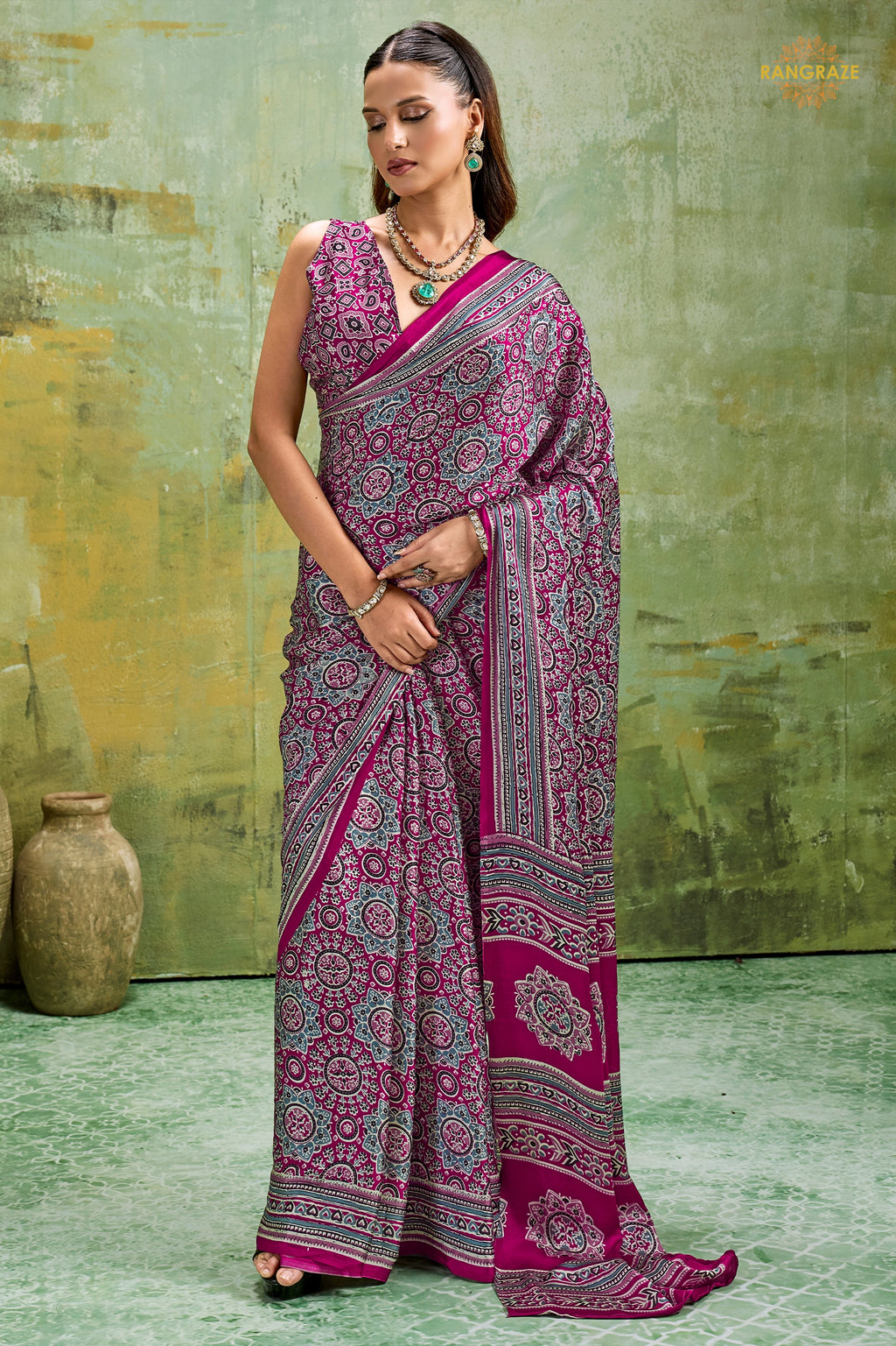 Magenta Purple Ajrakh Print Modal Satin Saree