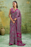 Magenta Purple Ajrakh Print Modal Satin Saree