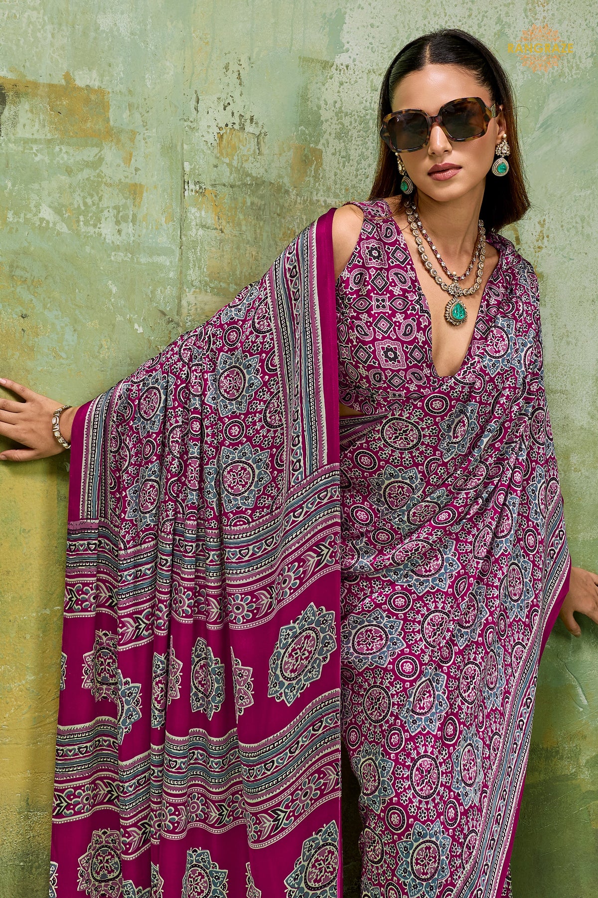 Magenta Purple Ajrakh Print Modal Satin Saree