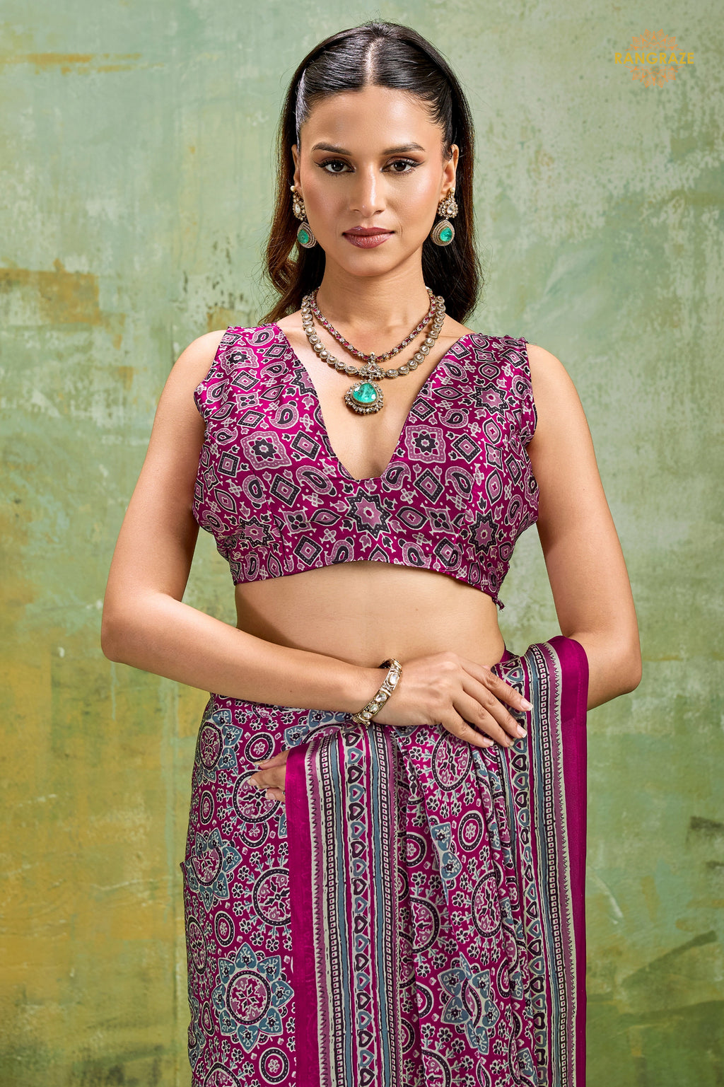 Magenta Purple Ajrakh Print Modal Satin Saree