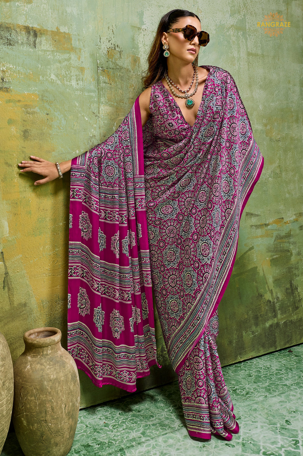 Magenta Purple Ajrakh Print Modal Satin Saree
