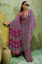 Magenta Purple Ajrakh Print Modal Satin Saree