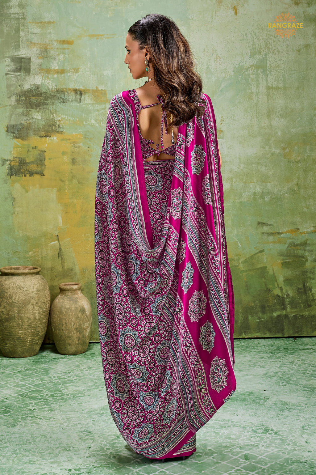 Magenta Purple Ajrakh Print Modal Satin Saree