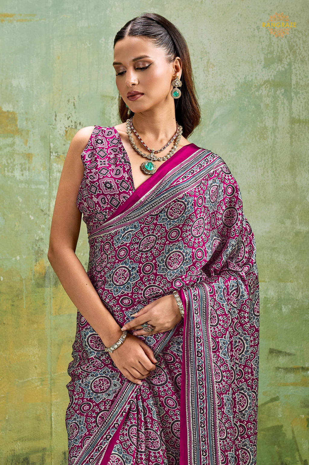 Magenta Purple Ajrakh Print Modal Satin Saree