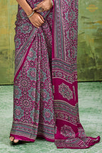 Magenta Purple Ajrakh Print Modal Satin Saree