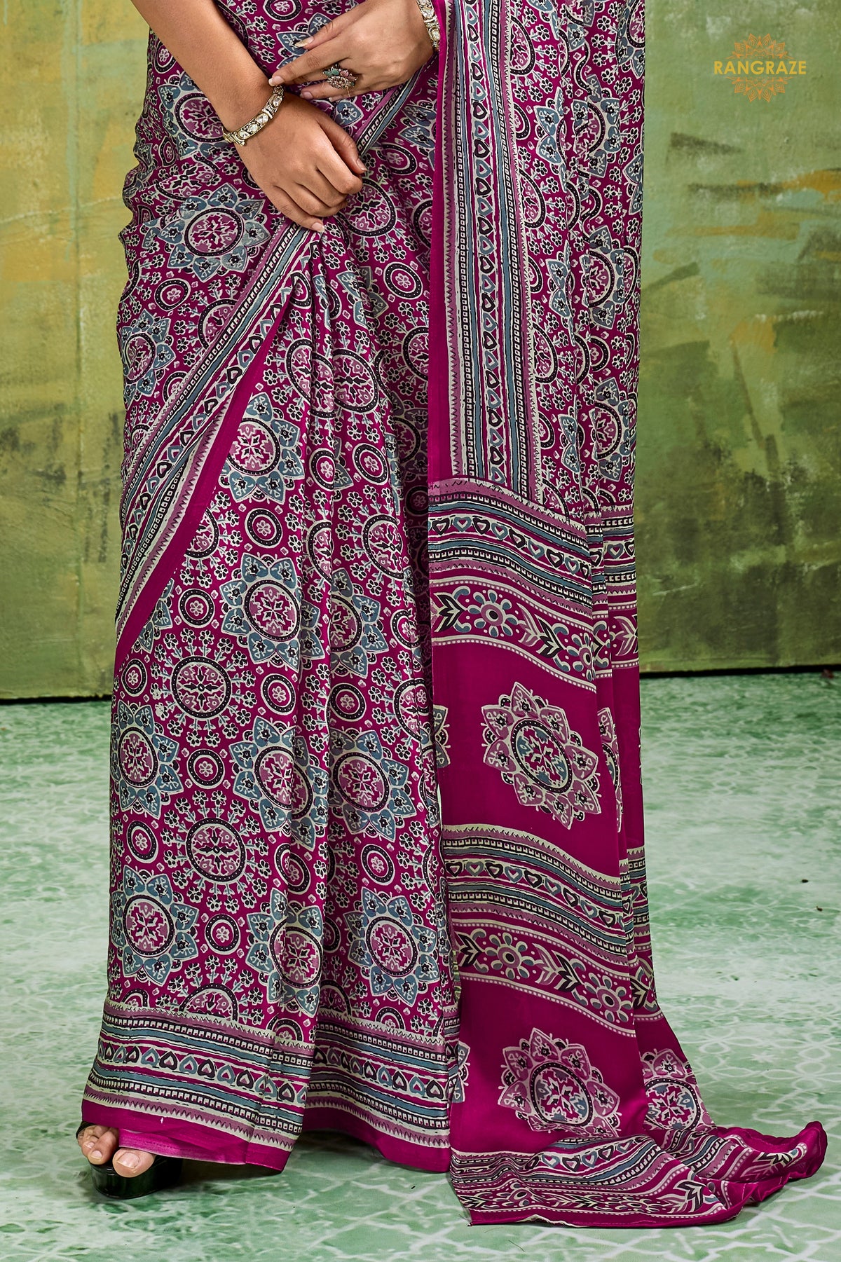 Magenta Purple Ajrakh Print Modal Satin Saree