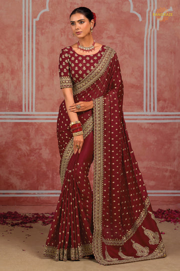 Maroon Embroidered Monga Silk Saree