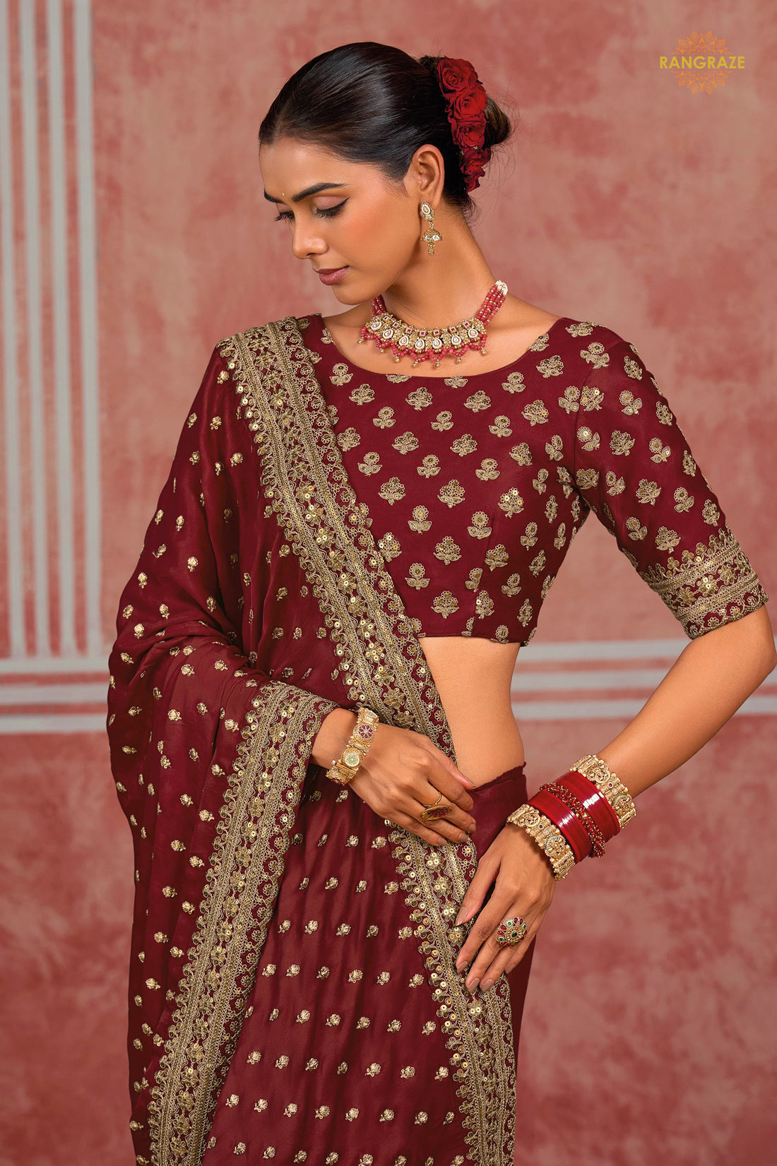 Maroon Embroidered Monga Silk Saree