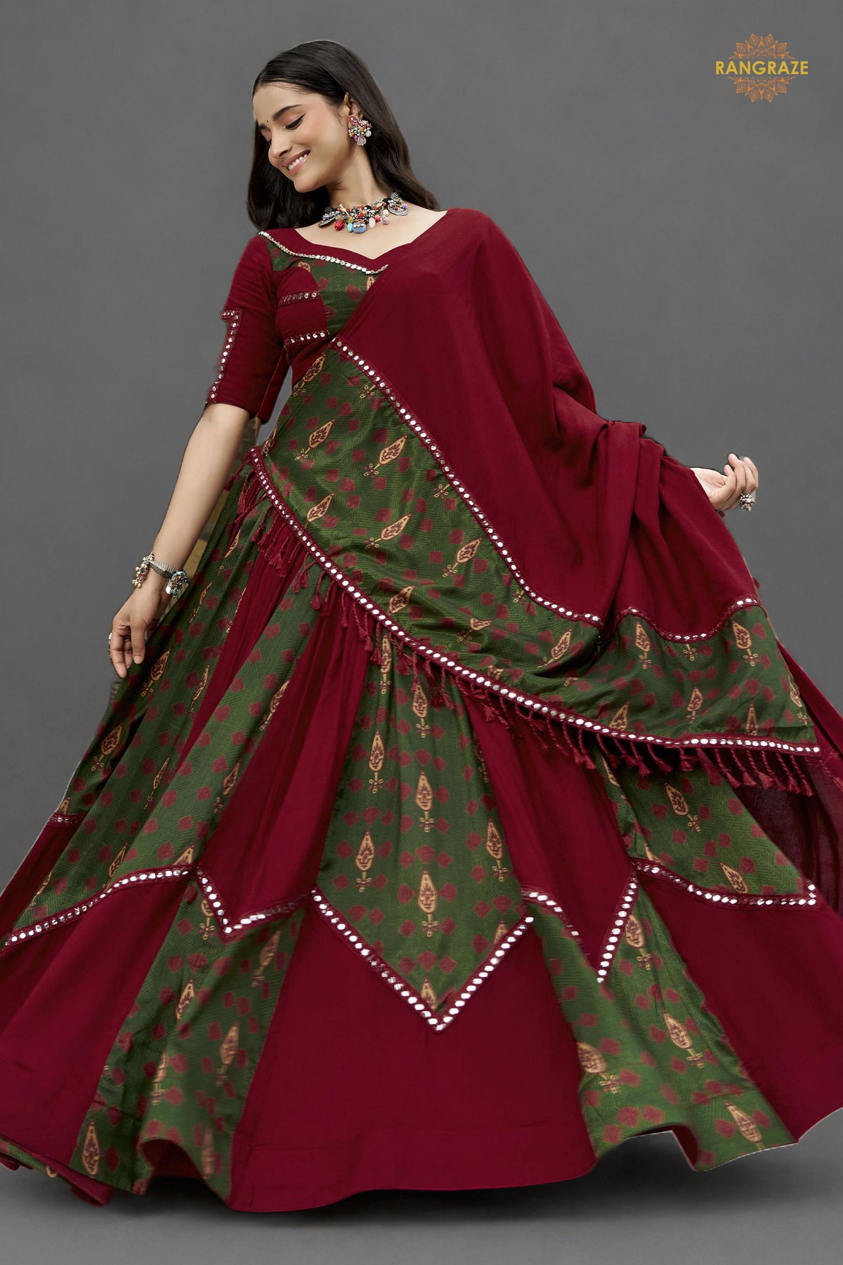 Maroon Stitched Ajrakh Print Rayon Lehenga
