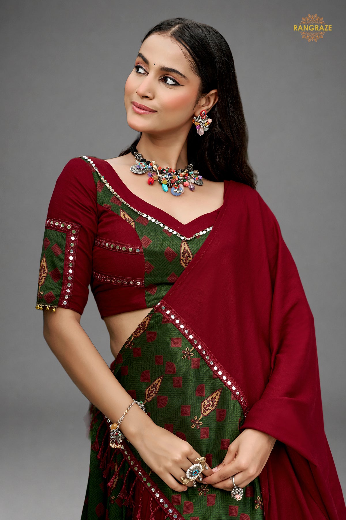 Maroon Stitched Ajrakh Print Rayon Lehenga