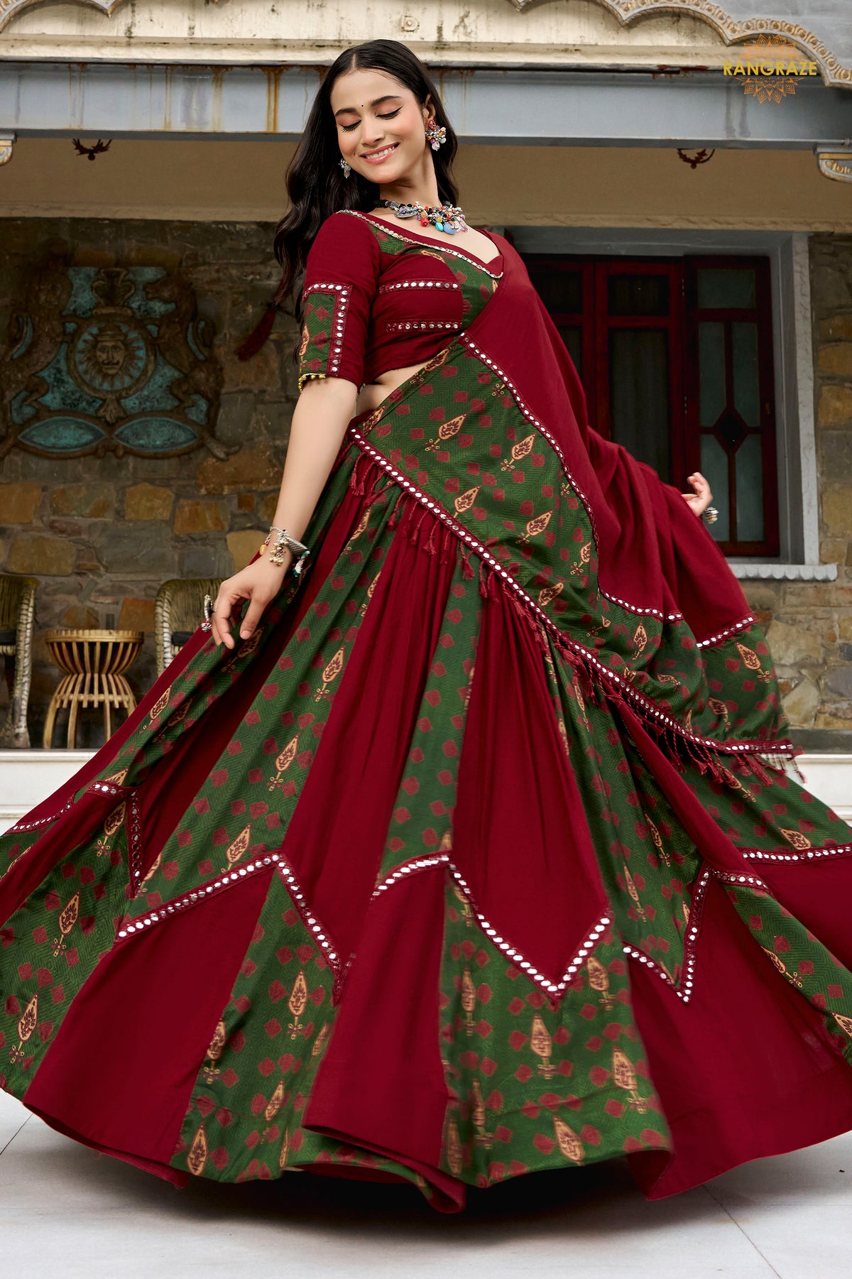 Maroon Stitched Ajrakh Print Rayon Lehenga